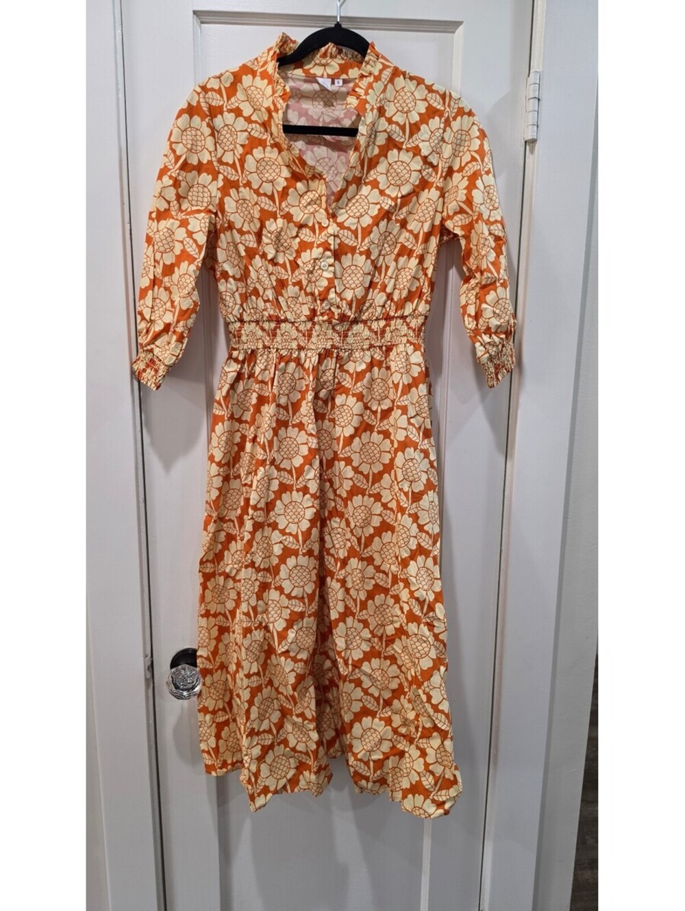 Sweet Salt Women's Orange Floral Print Midi Dress Size Small with Elastic Waist